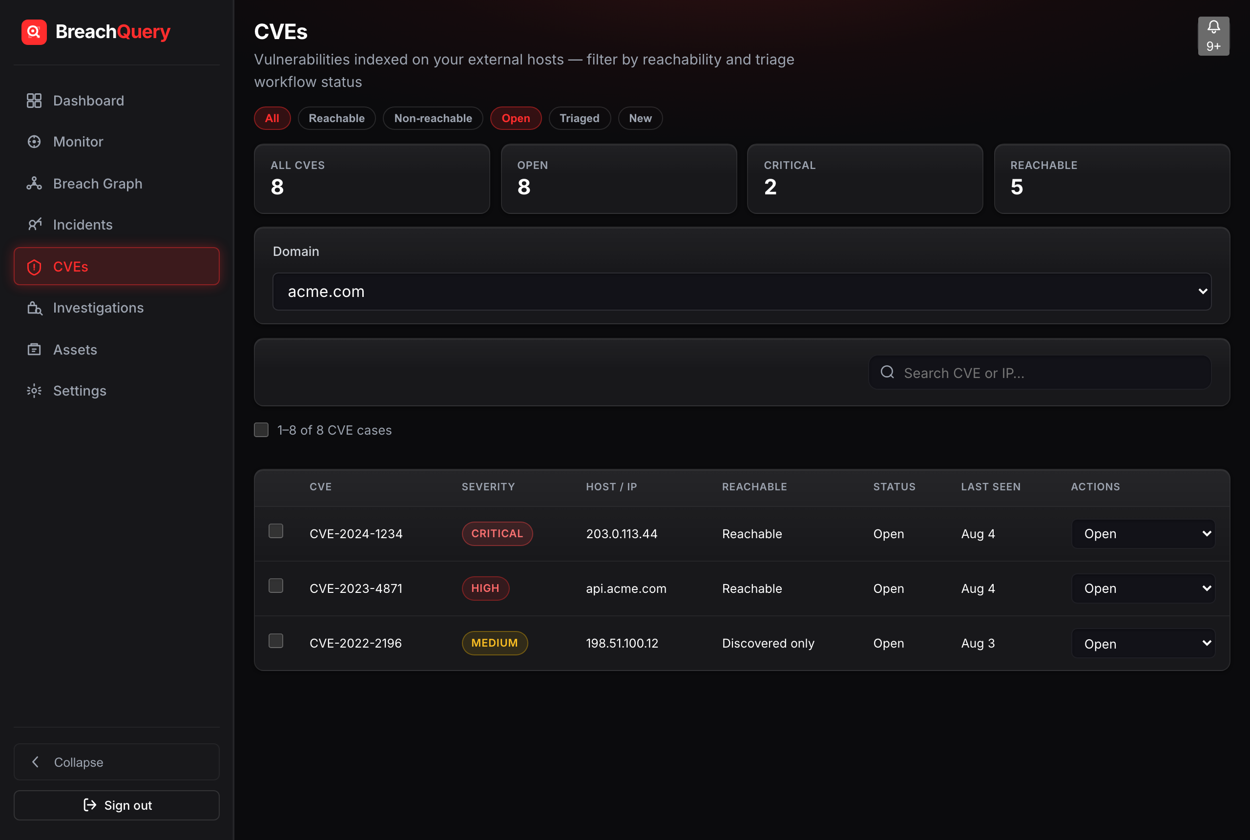 BreachQuery CVEs — vulnerability triage for acme.com external hosts